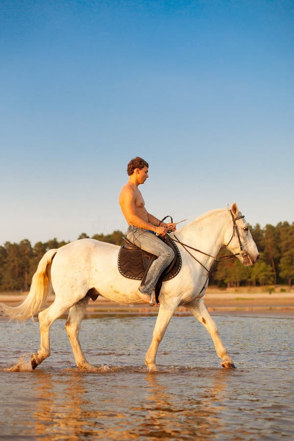 Macho man and horse on the background of sky and water. Boy mode