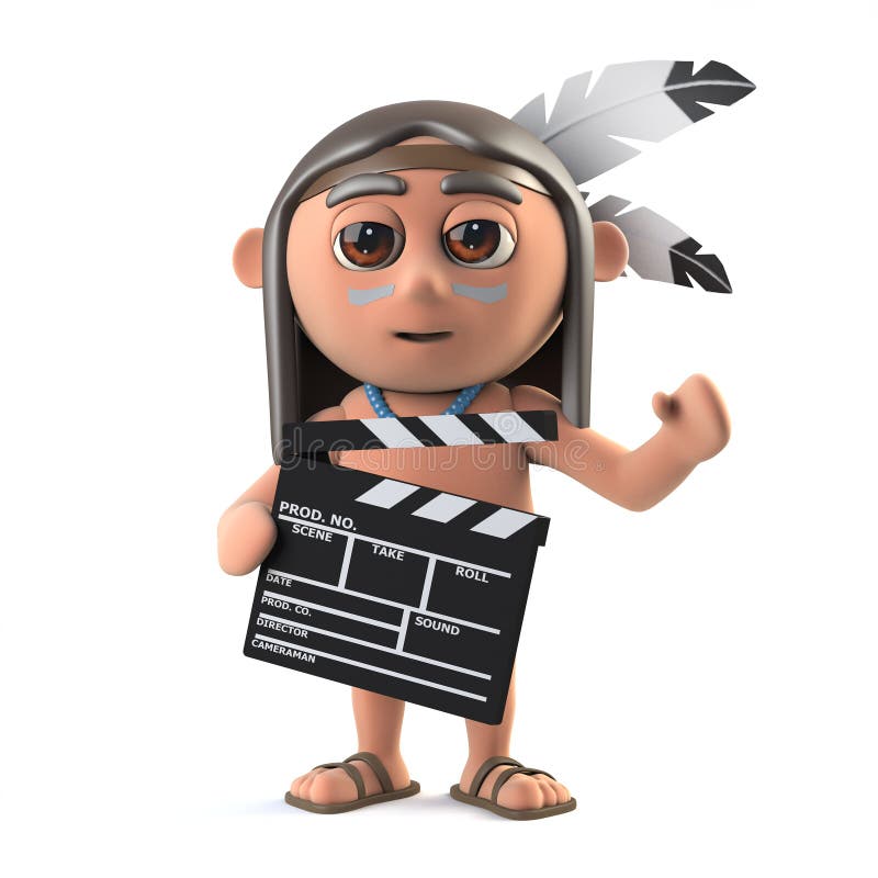 3d render of a funny cartoon Native American Indian boy character holding a movie makers clapperboard. 3d render of a funny cartoon Native American Indian boy character holding a movie makers clapperboard