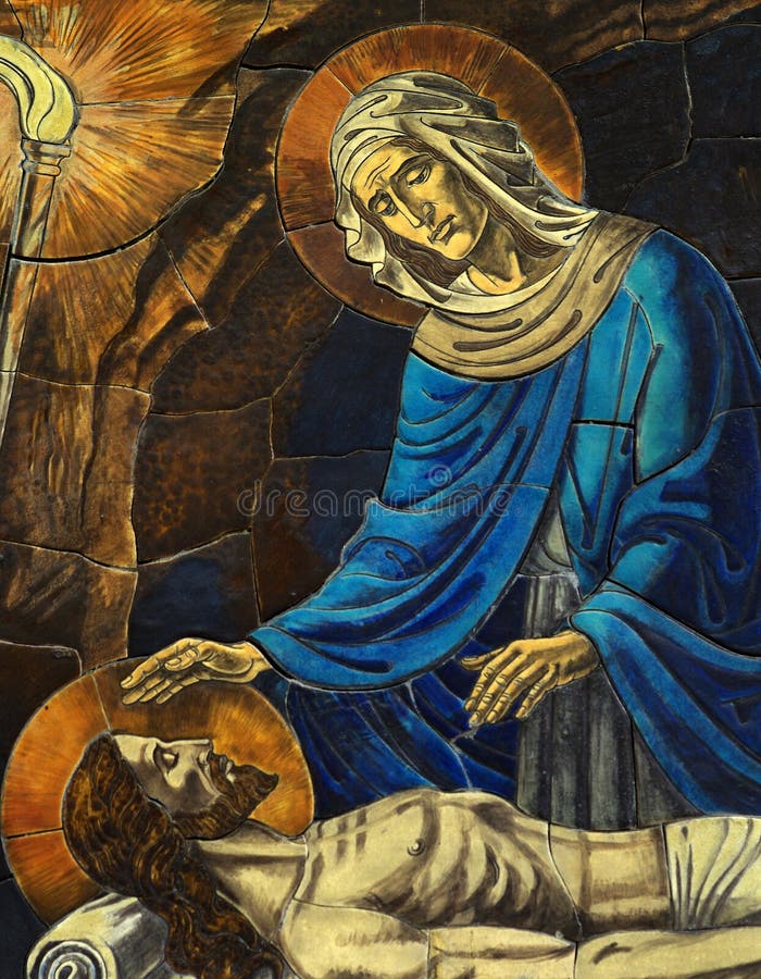 Macierzysty Maryjny rozpaczać nad het syna Jezus nieżywą mozaiką