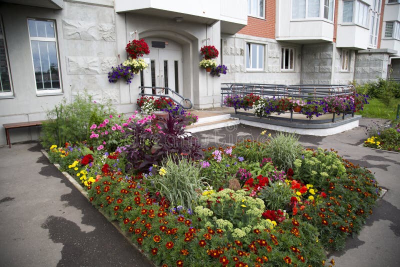 Macizo de flores de las flores brillantes de diversas plantas delante de la casa Agricultura fotos de archivo libres de regalías Macizo de flores de las flores brillantes de diversas plantas delante de la casa Agricultura fotos de archivo libres de regalías