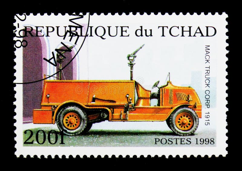 MOSCOW, RUSSIA - DECEMBER 21, 2017: A stamp printed in Chad shows Mack Truck Corp. 1915, Fire Trucks serie, circa 1998. MOSCOW, RUSSIA - DECEMBER 21, 2017: A stamp printed in Chad shows Mack Truck Corp. 1915, Fire Trucks serie, circa 1998