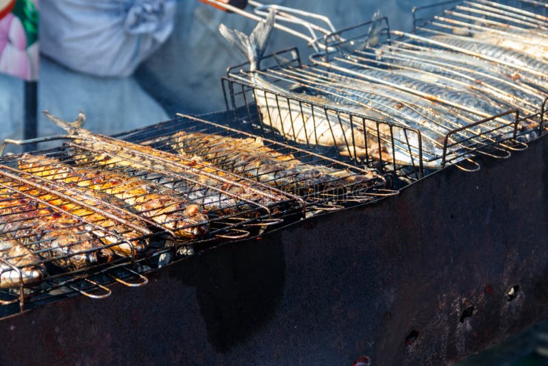 Mackerel Cooking on a Grill Stock Image Image of grid, mackerel 154884955