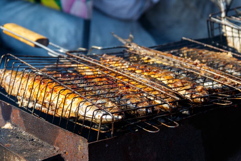 Mackerel cooking on grill stock image. Image of cooked 194084427