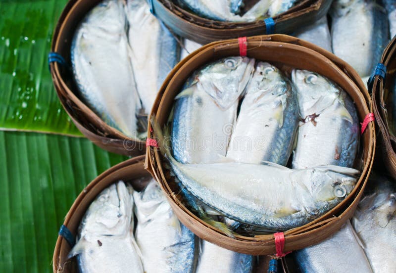 Mackerel Fish In Bamboo Basket At Market Mackerel Fish In Bamboo Basket At Market Stock Photo