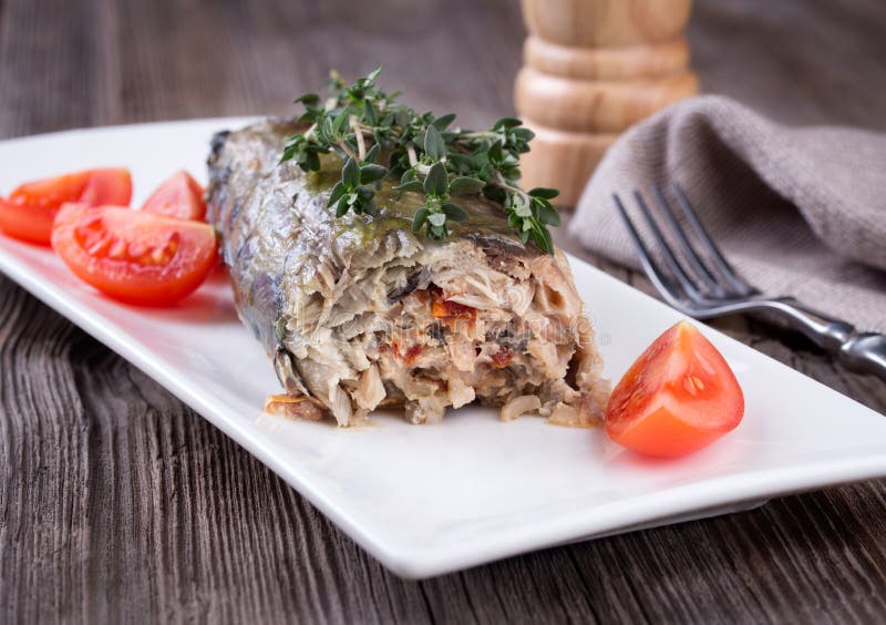 Mackerel Fish Stuffed with Rice and Vegetables Stock Image Image of