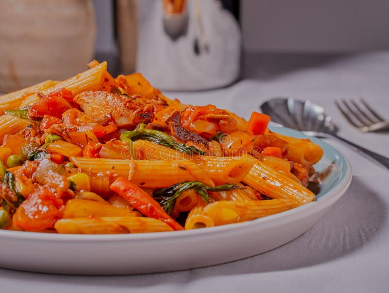 Mackerel and pasta dish. stock photo. Image of iron 223540662