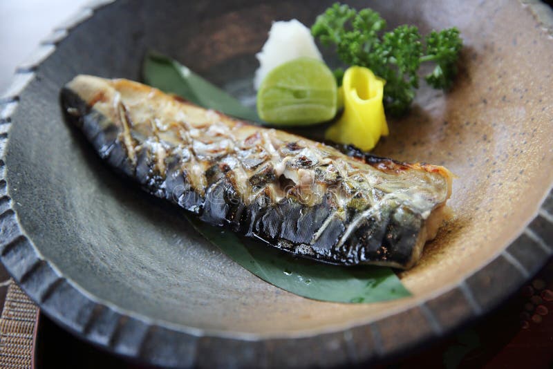 Japanese Food. Mackerel Grilled With Rice On Plate Stock Photo Image