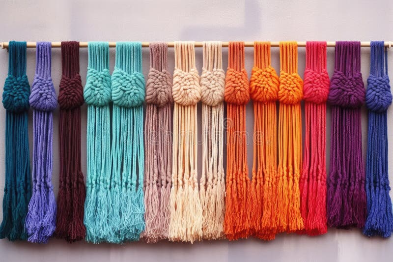 Perete macrame agățat cu diferite fire colorate stock photo