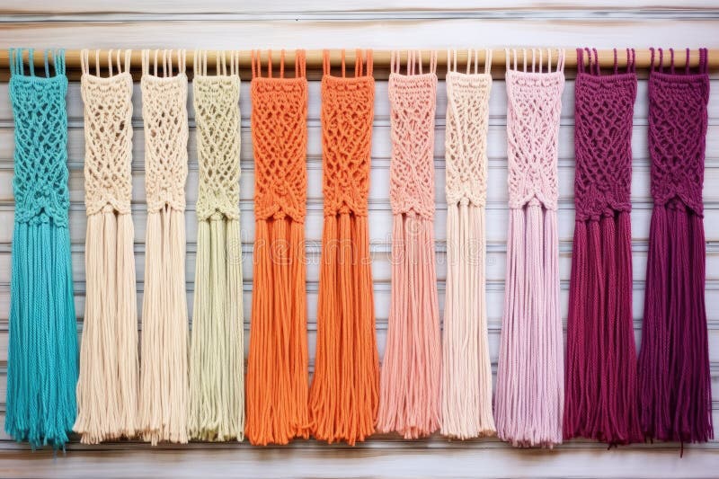 Perete macrame agățat cu diferite fire colorate stock image