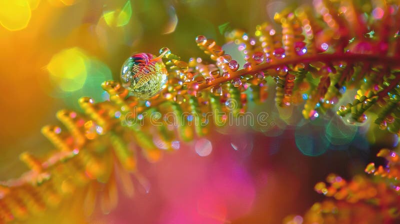 Macro astratta colorata della goccia d'acqua sulla foglia con effetto Bokeh illustrazione vettoriale