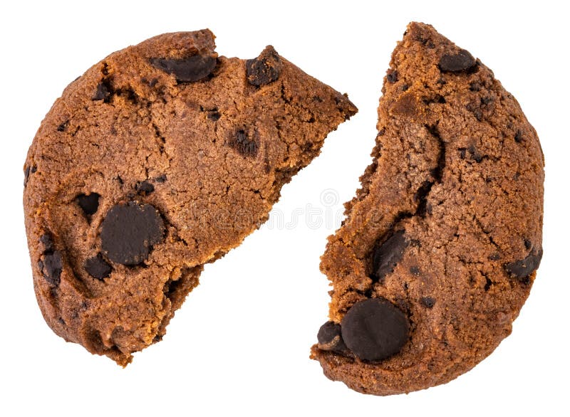 Macro of Broken Chocolate Chip Cookie Isolated on White Stock Photo