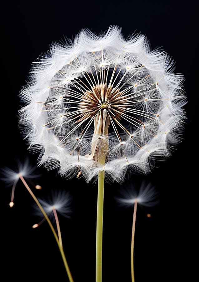 Macro capture of a dandelion. Generative AI. A delicate macro capture of a dandelion in exquisite detail, revealing the intricate beauty of its delicate seeds and fragile structure. Microcosmic artistry.