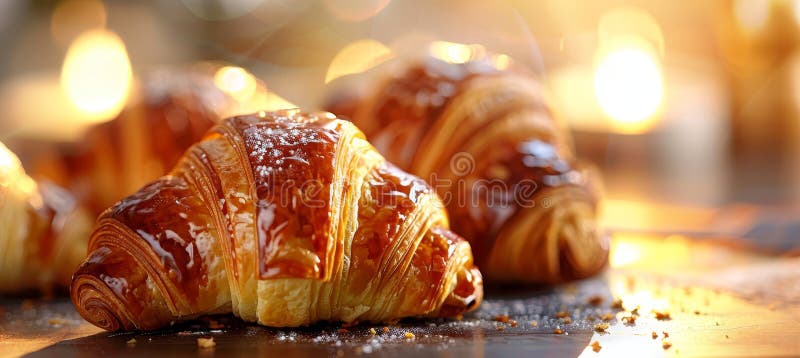 Macro capture of a fresh croissant revealing intricate layers, texture, and inviting aroma stock illustration