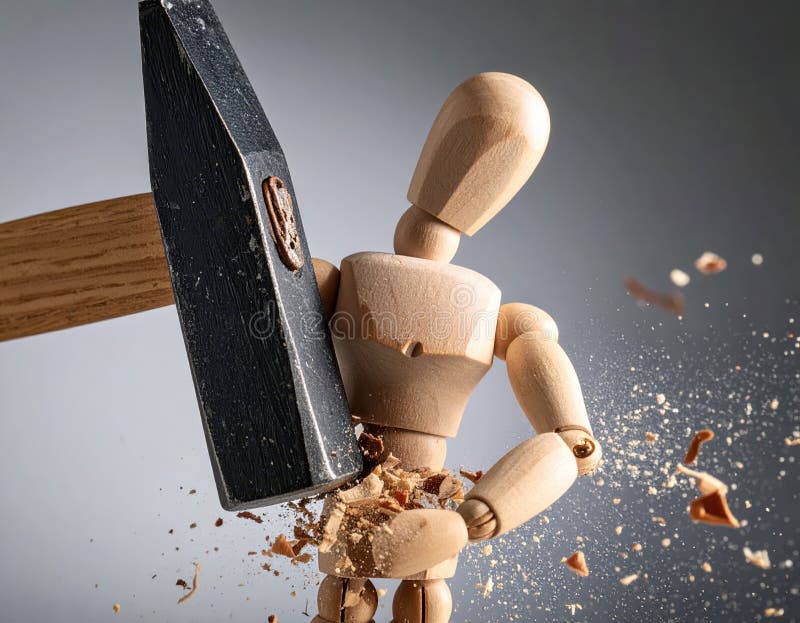 Macro capture wooden figurine cracked hammer royalty free illustration