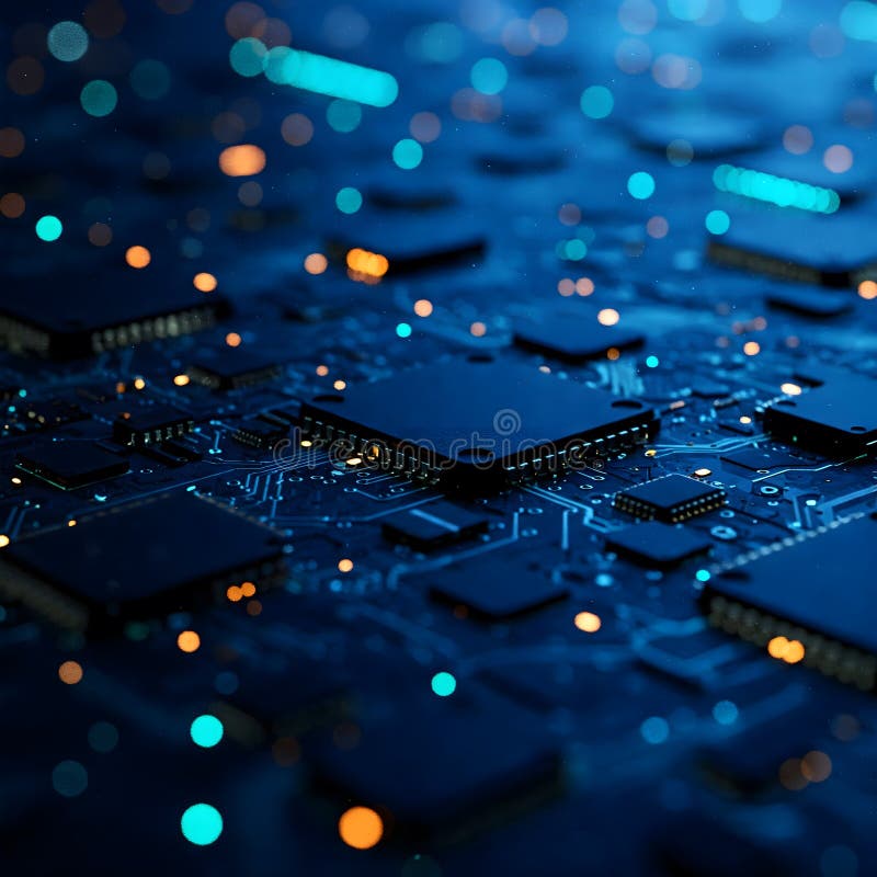A macro close-up of a blue circuit board with glowing blue and orange lights and intricate electronic components stock illustration