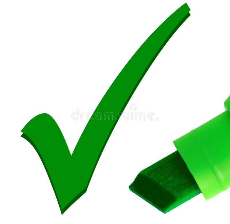 Macro close-up of green pen checking OK tick mark royalty free stock image