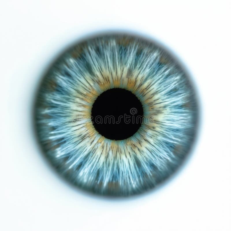 Macro close-up of human eye iris, light aqua with striking black pupil. Intricate radial patterns in blue, tan, white create royalty free illustration