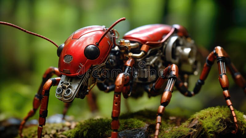 Macro close up of an insectoid micro robotic red ant exploring a forest royalty free illustration