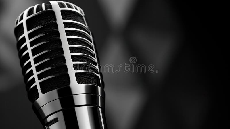 Macro close-up of a modern sleek microphone over a studio background with sound isolating and echo canceling panels royalty free stock images