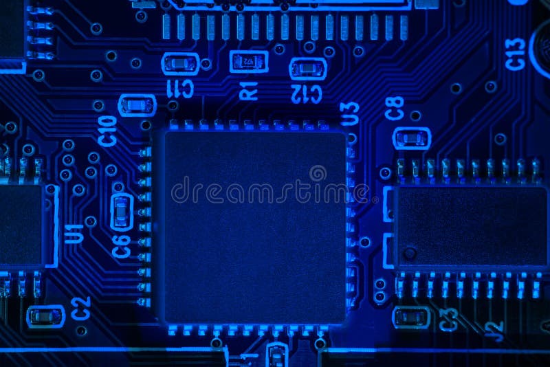Macro close-up shot of a microchip, processor CPU concept of a high-tech control system for artificial intelligence on a board stock photos