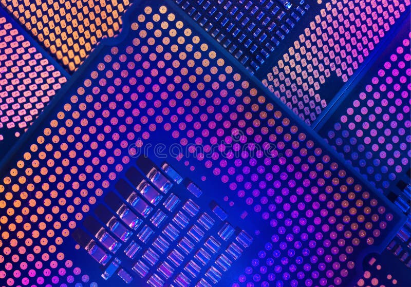 Macro close-up shot of a microchip, processor CPU concept of a high-tech control system for artificial intelligence on a board stock photography