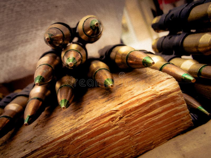 A Macro Close Up View of a Row of Regular Army Brass and Copper Bullets