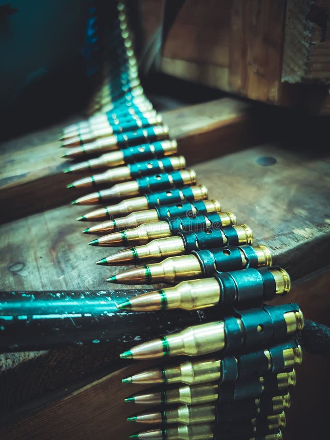 A Macro Close Up View of a Row of Regular Army Brass and Copper Bullets