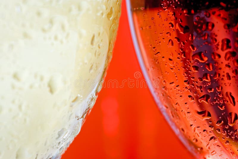 Macro close up wine glass and white and red or rose wine stock images