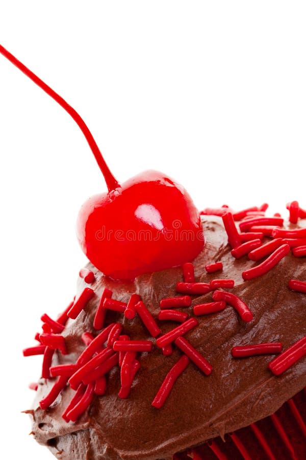 Decadent chocolate cherry cupcake macro. Shot on white background. Decadent chocolate cherry cupcake macro. Shot on white background.