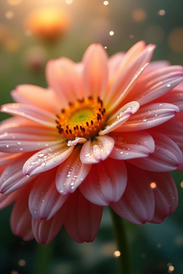 Macro Flower Rosa Dew Ndash AI Generato. Immagine macro generata da un fiore rosa con goccioline d'acqua e luce calda del sole. I bokeh morbidi e i petali dettagliati lo rendono ideale per concetti di primavera botanica o di benessere.