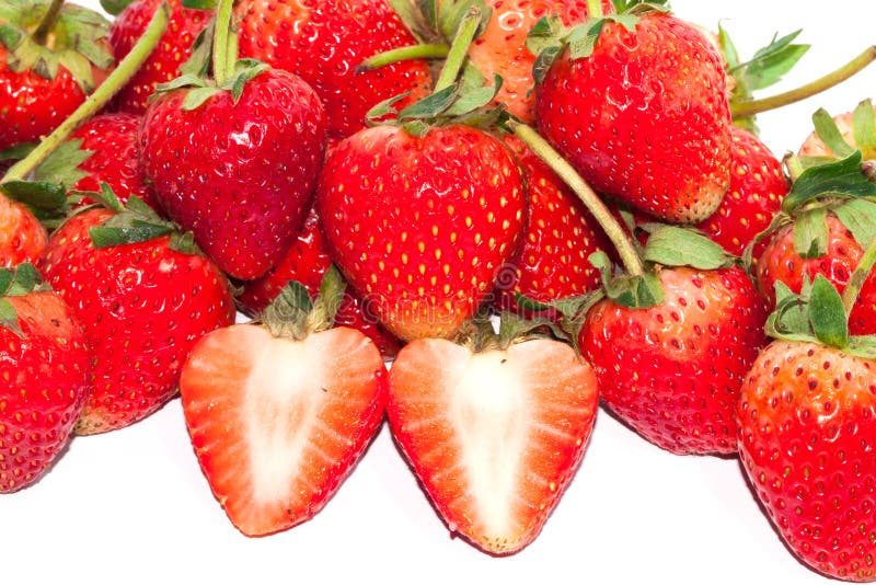 Macro Group Fresh Red Strawberry and slice a half on white backg royalty free stock images