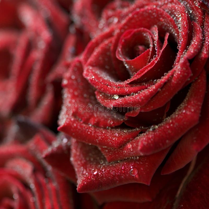 Macro image of dark red rose with water droplets