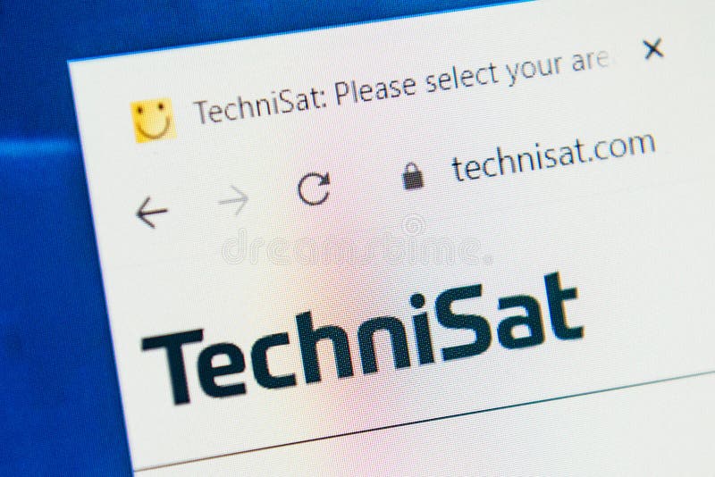Technisat Web Site. Selective focus. Macro image of technisat homepage loaded on screen in web browser.