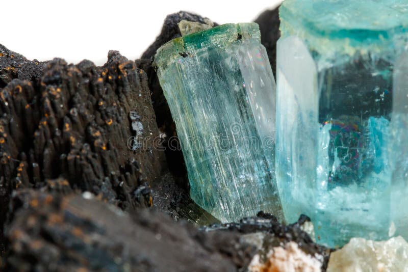 Macro mineral stone Aquamarine and black tourmaline, Schorl on a