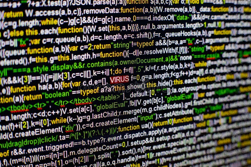 Macro photo d'écran d'ordinateur avec le code source de programme et d'inscription accentuée de VIRUS au milieu Manuscrit sur images stock Macro photo d'écran d'ordinateur avec le code source de programme et d'inscription accentuée de VIRUS au milieu Manuscrit sur images stock