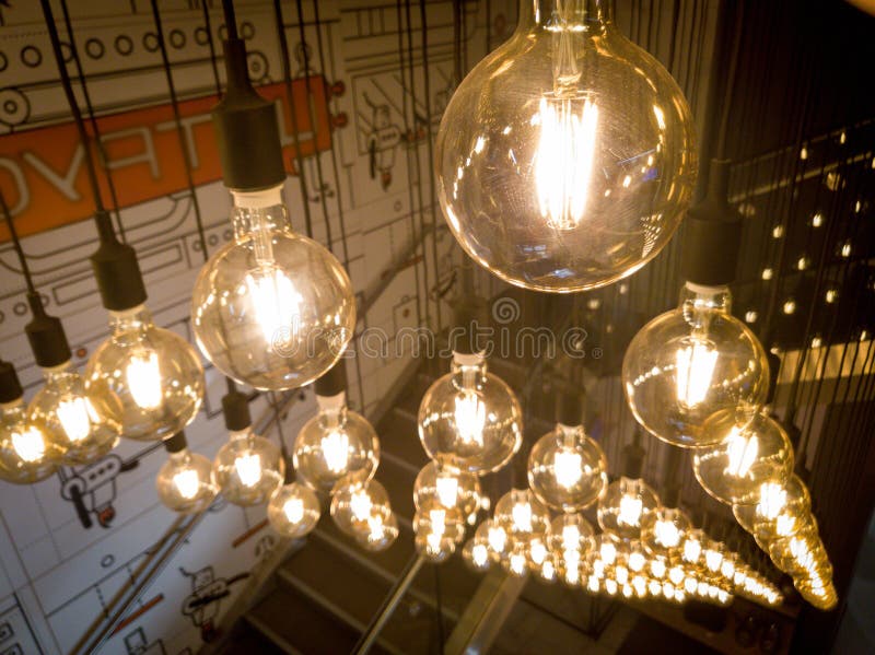 Macro Image of Decorative Incandescent Light Bulbs Hanging in Modern