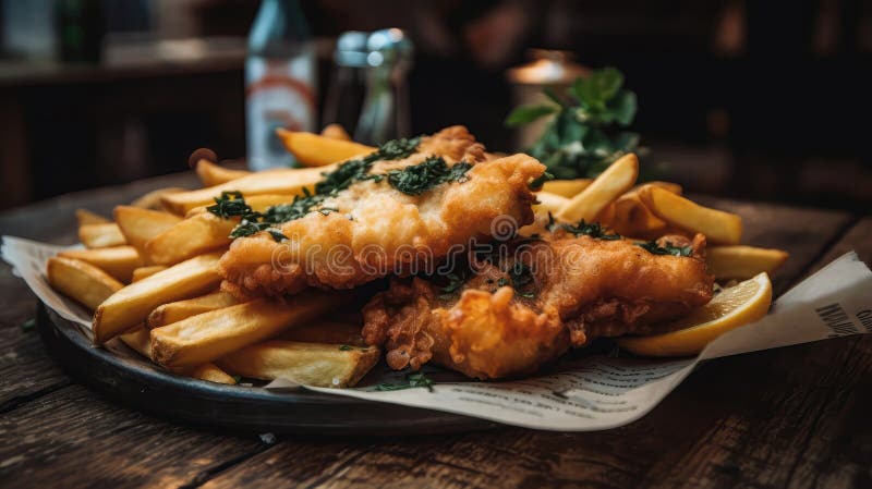 Macro Photo Fish and Chips on Stone Rustic Pub. Generative AI Stock ...