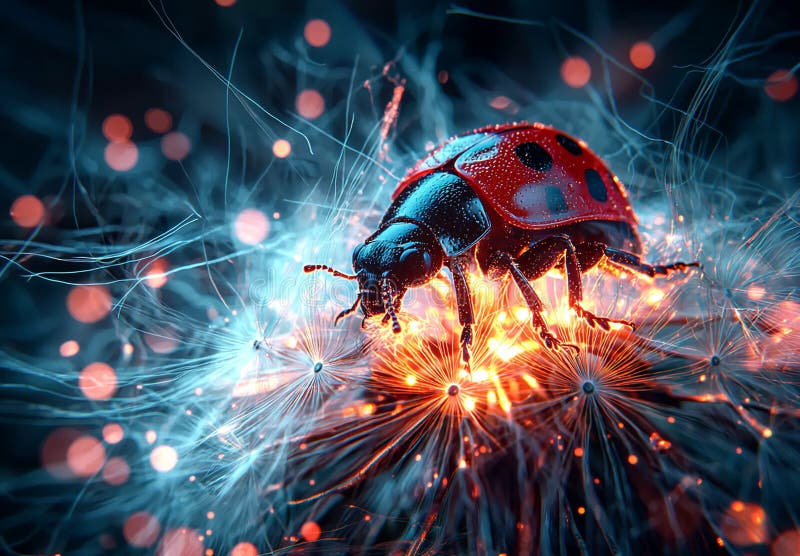 A macro photograph of ladybug on dandelion seed, showcasing vibrant colors and intricate details, creating captivating and enchanting scene