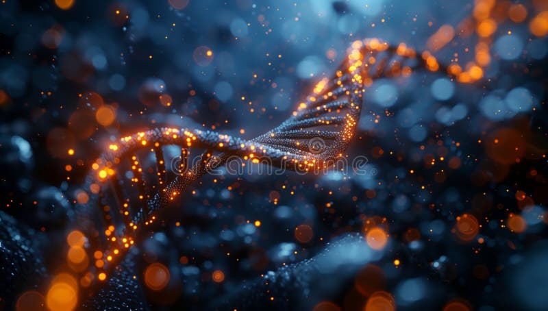 Macrofotografie a strâmtorii ADN strălucitor cu puncte pe fond întunecat. Un eveniment de macrofotografie a surprins o apropiere de un fir electric de ADN albastru cu puncte strălucitoare pe un fond întunecat care seamănă cu un cer plin de stele pe Cerul Întunecat generat