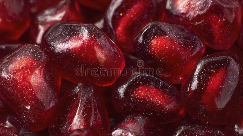Macro of pomegranate seeds, rich ruby-red translucent arils glistening with juice, frame completely filled royalty free stock photography