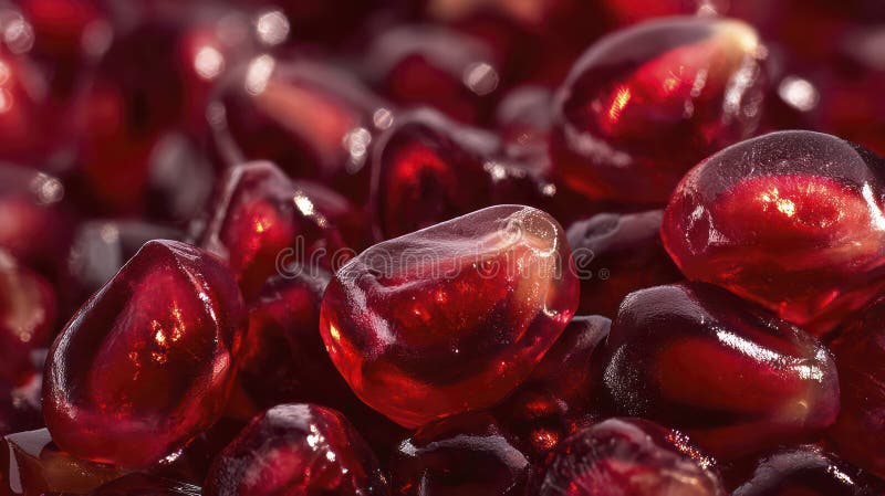 Macro of pomegranate seeds, rich ruby-red translucent arils glistening with juice, frame completely filled stock photography