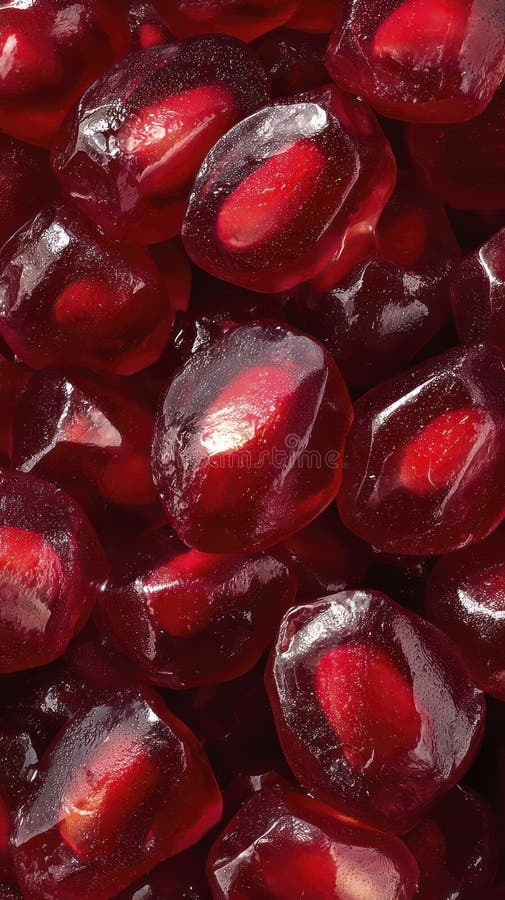 Macro of pomegranate seeds, rich ruby-red translucent arils glistening with juice, frame completely filled stock photos