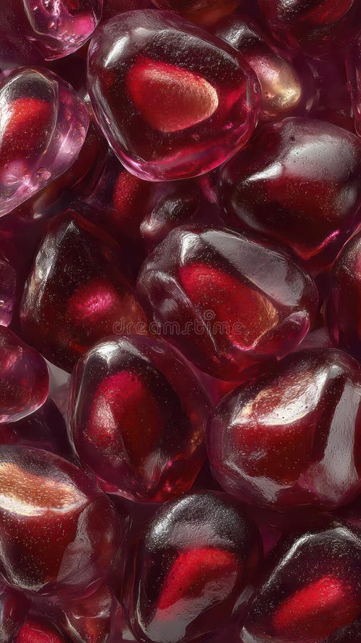 Macro of pomegranate seeds, rich ruby-red translucent arils glistening with juice, frame completely filled stock photos