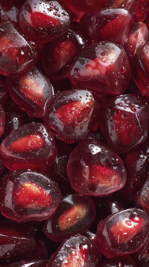Macro of pomegranate seeds, rich ruby-red translucent arils glistening with juice, frame completely filled stock images