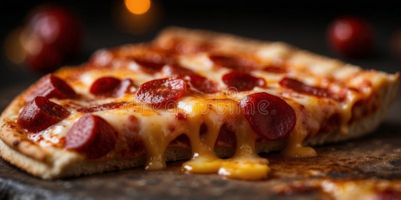 Macro prise d'une tranche de pizza pepperoni au fromage fondu gooey et au pepperoni parfaitement croisé. photos stock