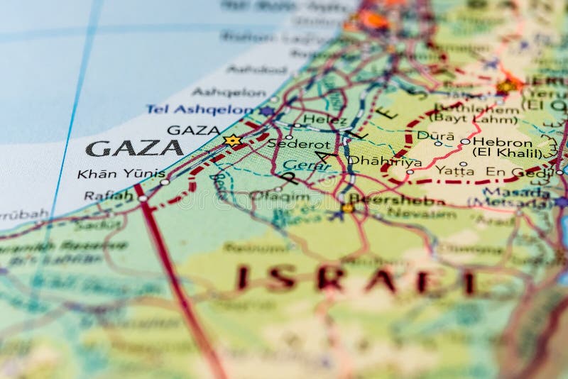 Macro, shallow focus highlighting the the middle-eastern region of Gaza. Surrounding regions of Israel can be seen on this general map of the middle east.