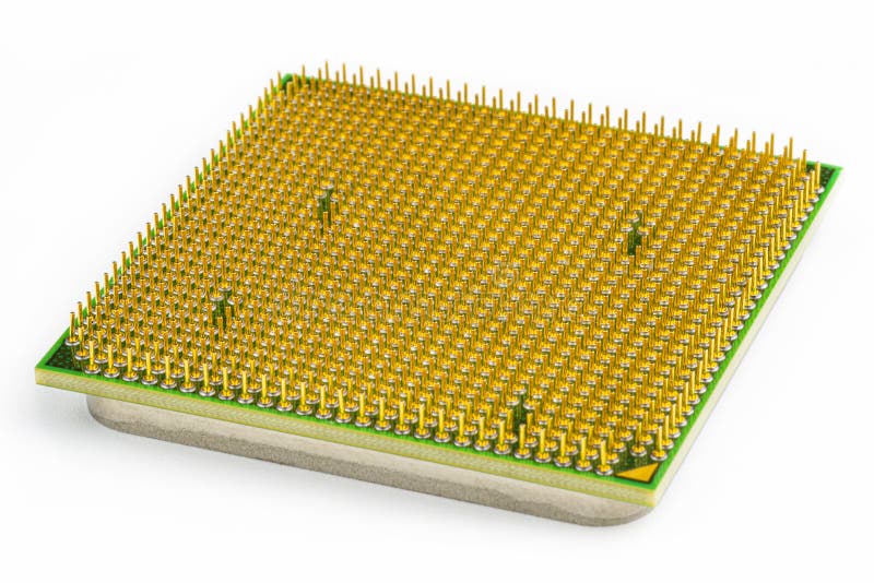 A Macro Shot of a Computer Processor, Visible Gold Pins, Isolated on
