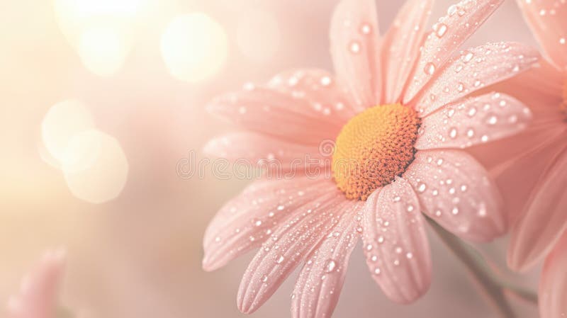 Macro shot of a delicate daisy flower adorned with beautiful, glistening rain drops on its soft petals stock illustration