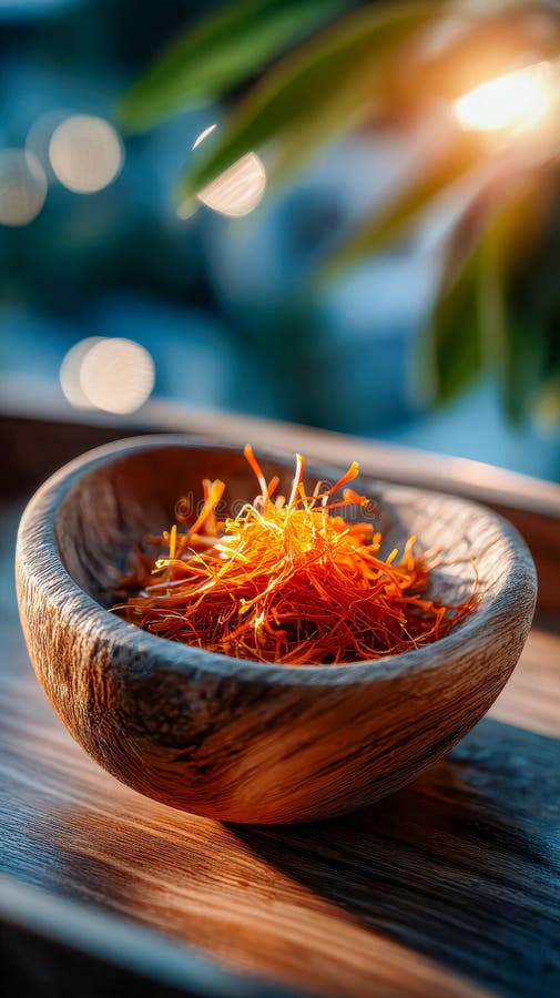 Macro shot of a rustic wooden bowl filled with saffron threads glowing in sunset light stock photos