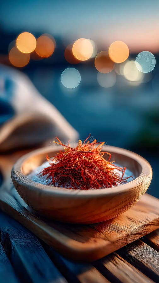 Macro shot of a rustic wooden bowl filled with saffron threads glowing in sunset light stock photos